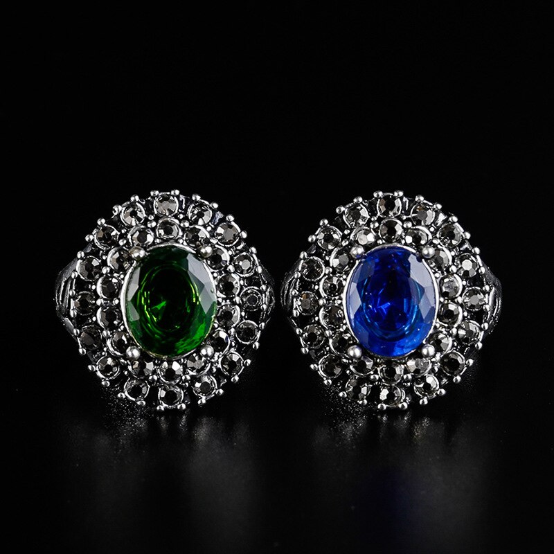 Retro Ring Silver Color Dripping Oil Carving Flower Ring Party Girl Green Jewelry