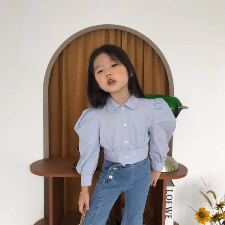 Camicia per bambini primavera autunno camicetta camicia per bambini top per bambini abbigliamento per bambini Ins moda pieghettato manica a sbuffo camicie blu con volant 2-8Y Wz610