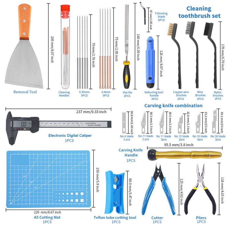 Kit de herramientas de impresión 3D, 42/34 piezas, incluye herramienta de limpieza de desbaste, con bolsa de almacenamiento, juego de herramientas de impresora 3D para limpieza