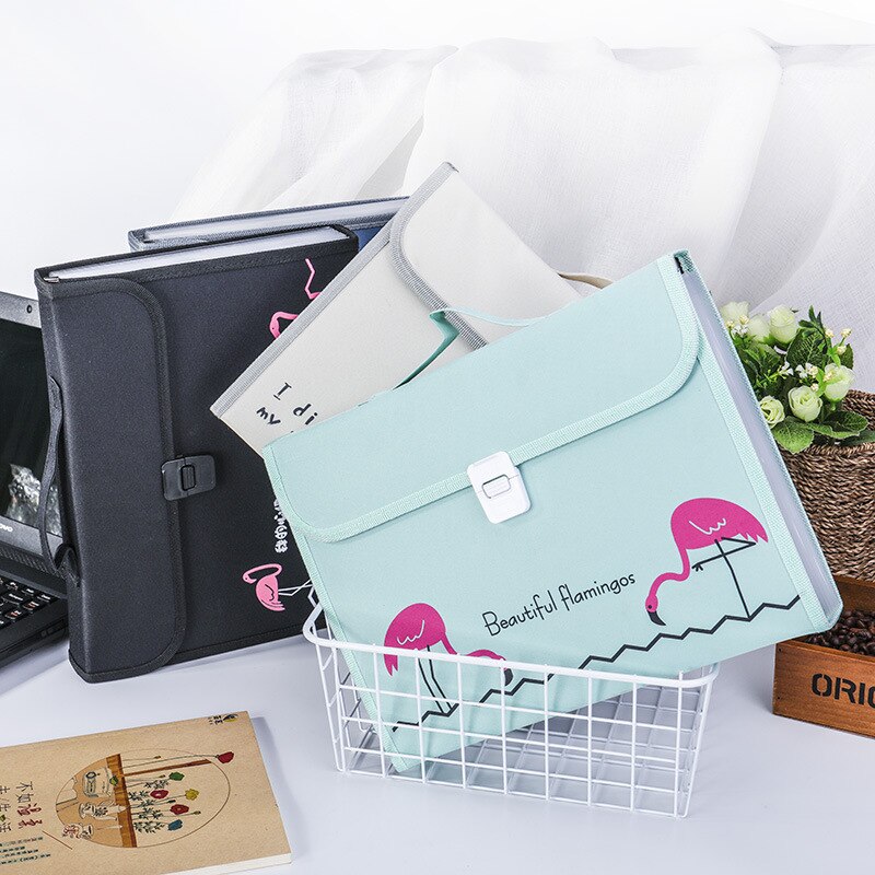 A4 File Folder Cute Flamingo Expanding Wallet Box 13 Layers Document Bag Large Storage Filing Products Fichario Padfolio Case