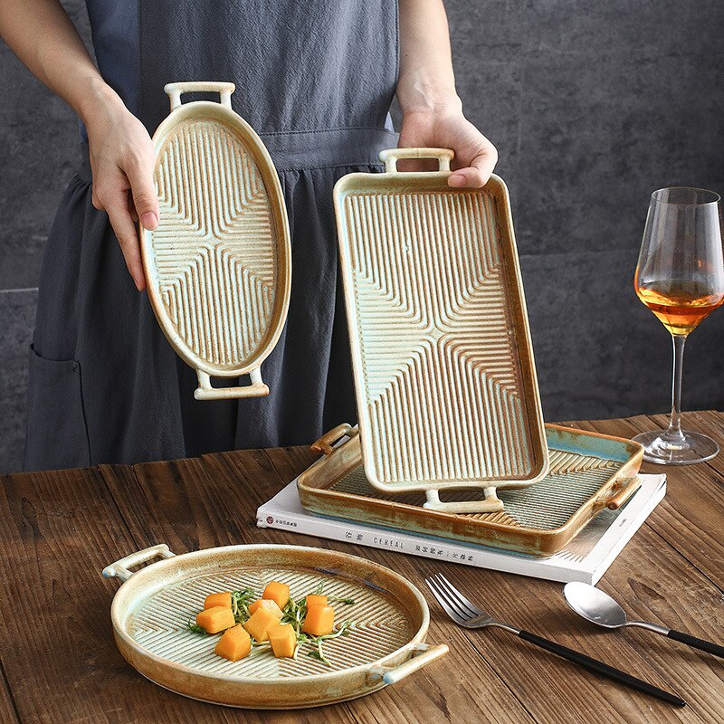 Nordic Keramische Voedsel Schotel Plaat Huishoudelijke Aardewerk Onregelmatige Schotel Salade Schotel Servies Binaural Vierkante Steak Plaat Hotel Vis