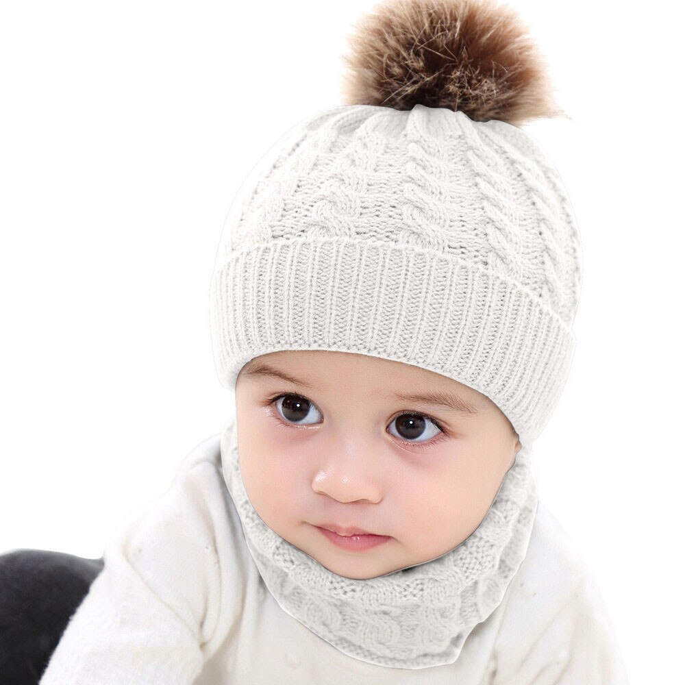 Baby winter hat 2Pcs Toddler Baby Girls Boys Winter Warm Knitted Beanie Cap+Scarf Keep Warm Set photography props Knitted hat: White