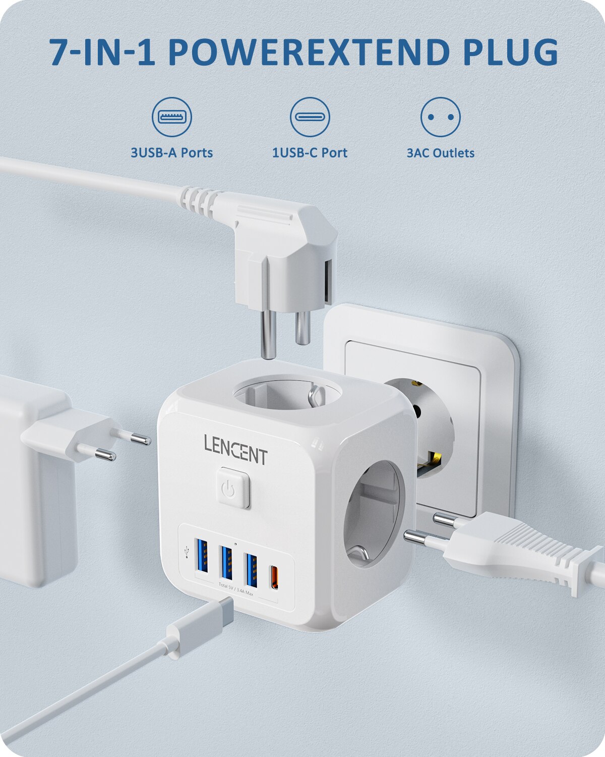 LENCENT Wandsteckdosen-Verlängerung mit 3 AC-Steckdosen, 3 USB-Anschlüssen und 1 Typ C 7-in-1 EU-Stecker-Ladegerät Ein/Aus-Schalter für Zuhause