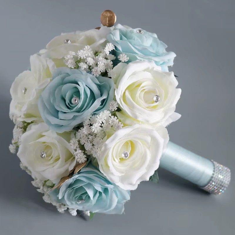 perfectlifeoh Hochzeitsstrauß, blaue weiße Rosen, künstliche Blumen, Braut- und Hochzeitsstrauß, Hochzeit: WEISS
