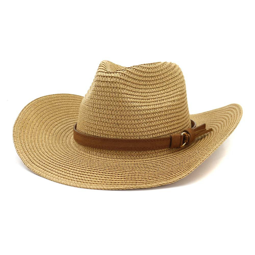 Sun Cap Straw Beach Cowboy Hats Retro Women's Men's Summer Straw Beach Wide Brim Cowboy Western Cowgirl Bead Band #Zer: Khaki 