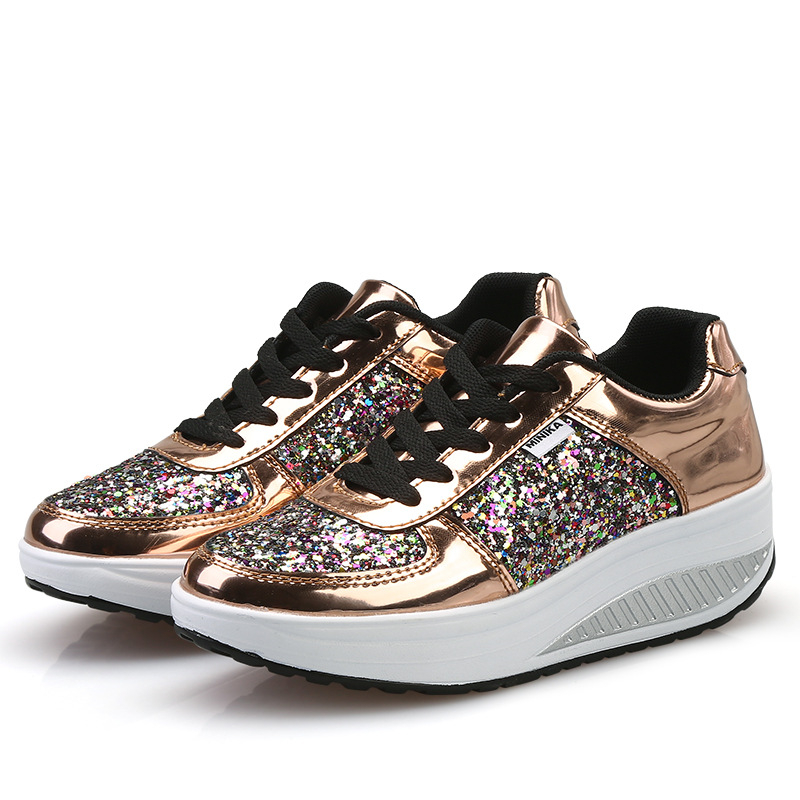 PU Glitter Women Toning Shoes Shining Weight Losing Swing Shoes Thick Soles Height Increasing Women Sneakers