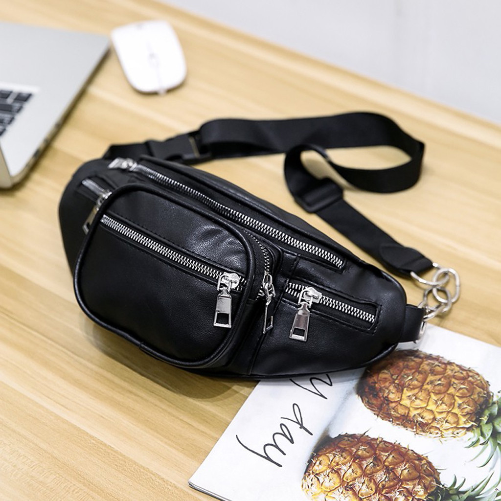 # H15 Stijl Mannen Vrouwen Pu Taille Zakken Keten Zwart Fanny Pack Reizen Riem Portemonnee Schoudertassen tote Heuptas