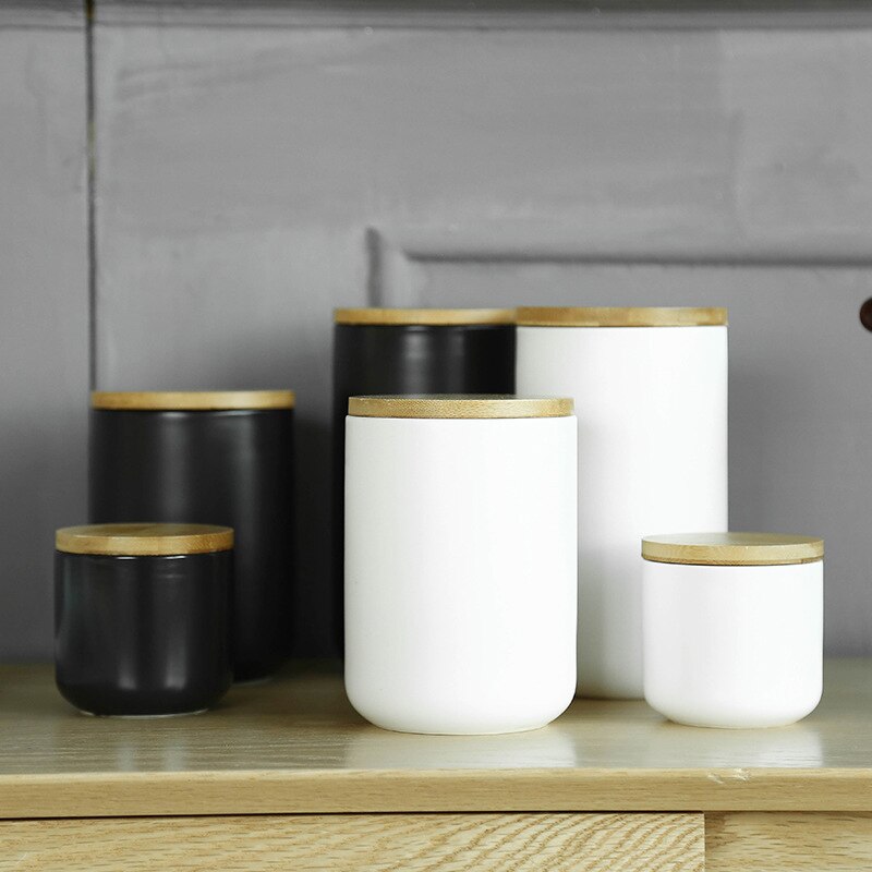 Vaso di stoccaggio sigillato in ceramica bianca semplice con coperchio in legno 260ML 800ML 1000ML contenitore per alimenti da cucina teiera organizzatore di cereali