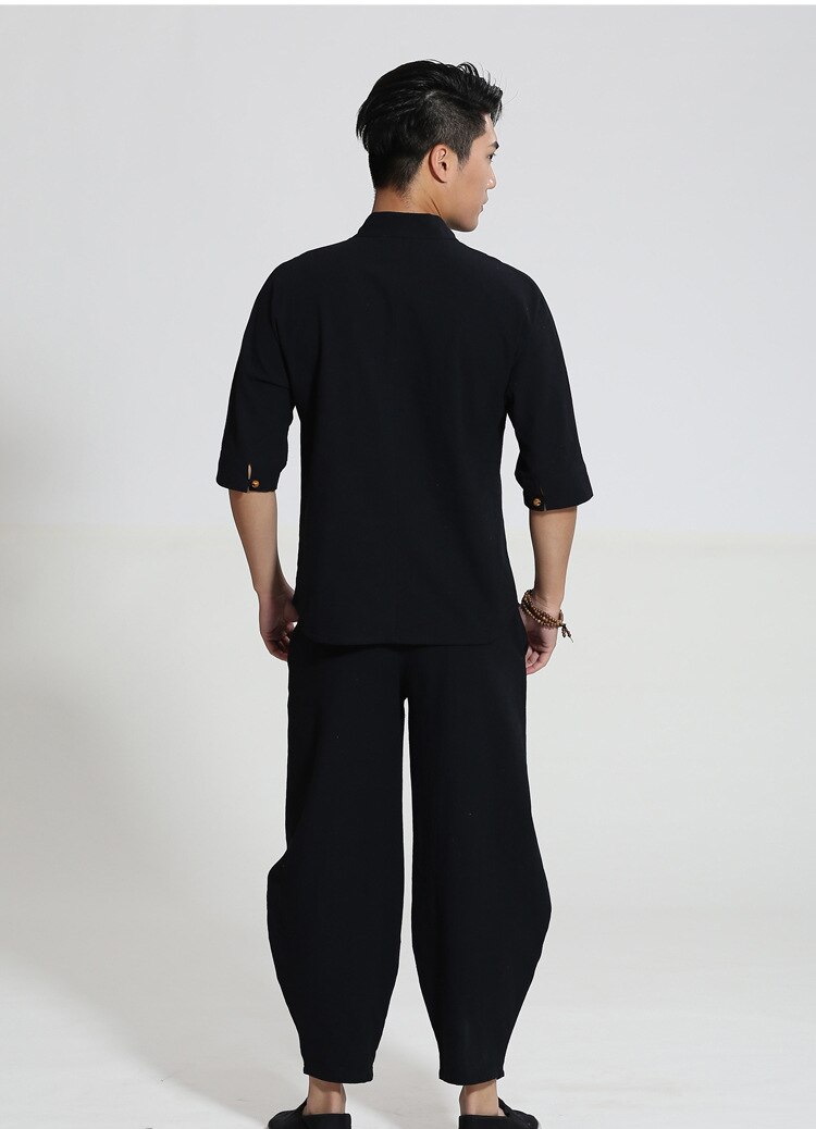 Stijl chinese mannen kungfu pak tai chi pak katoenen linnen overhemd & losse harembroek marineblauw ml xl xxl xxxl  m050