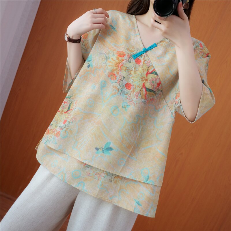 2022 chinese traditional top v neck floral printing cotton and linen qipao collar loose hanfu top tang suit
