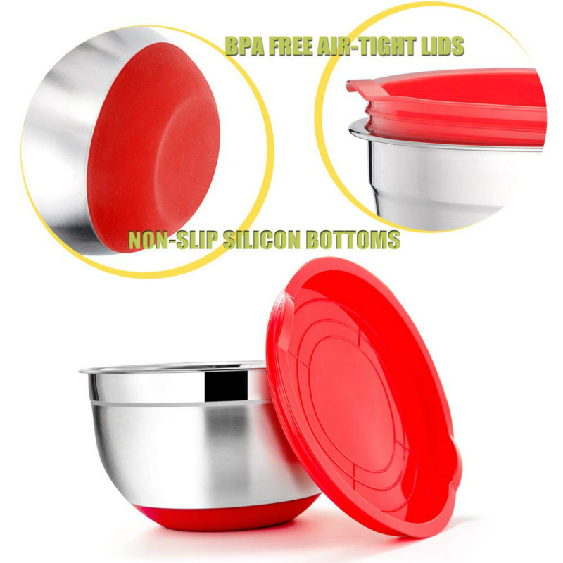 Bols de mélange en acier inoxydable avec couvercles, 5 pièces de 18/20/22/24/26cm, avec fond en Silicone, bols de rangement, de nidification, de préparation de repas