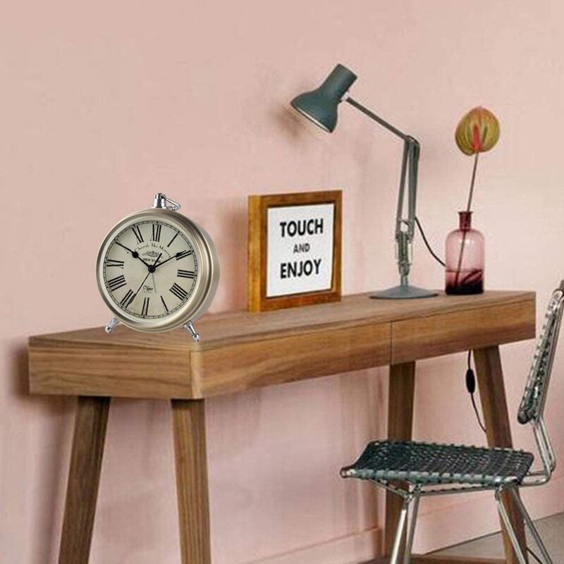 Digo Retro Alarm Clock Battery Silent Non-Ticking Metal Desk Quartz Roman Digital Table Clocks for Bedroom Kids