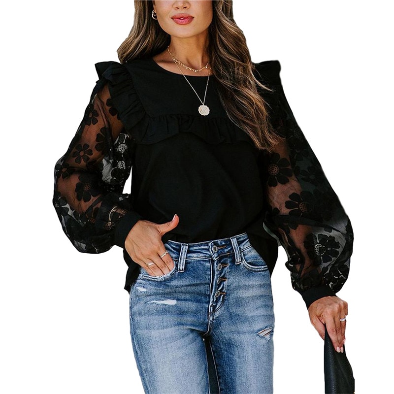 Vrouw Elegante Mesh Patchwork Blouse Lange Mouwen Blouse Zwart Kant Transparante Bloem Lantaarn Mouw Trui Streetwear Shirts
