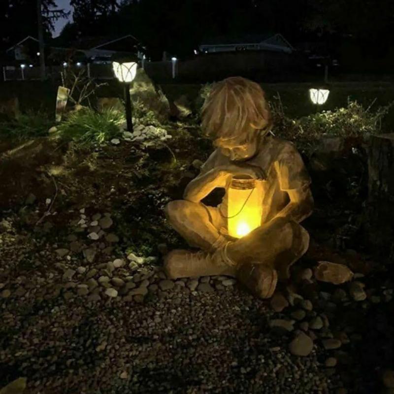 Garden Decor Resin Crafts Light Little Boy W/ Solar Lighted Fireflies In Jar Garden Carved Wood Look Resin Statue Prodigy Statue