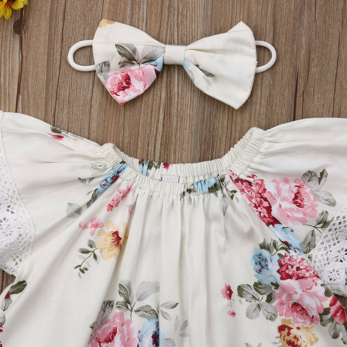 Baby Summer Clothing 0-24M Infant Baby Girls Boys Jumpsuits Headband 2pcs Floral Print Ruffles Short Sleeve Bodysuits Sets