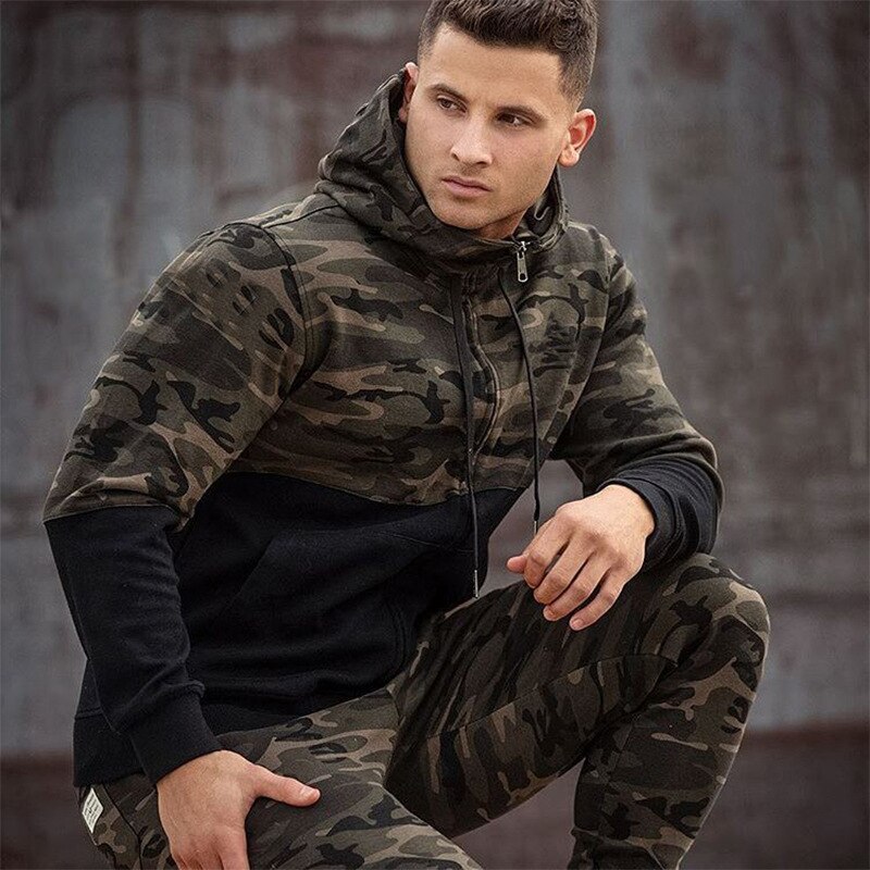 Mænds hættetrøje sportstøj forår efterår løst camouflage lynlås sweatshirt sweatpants udendørs træningsdragter