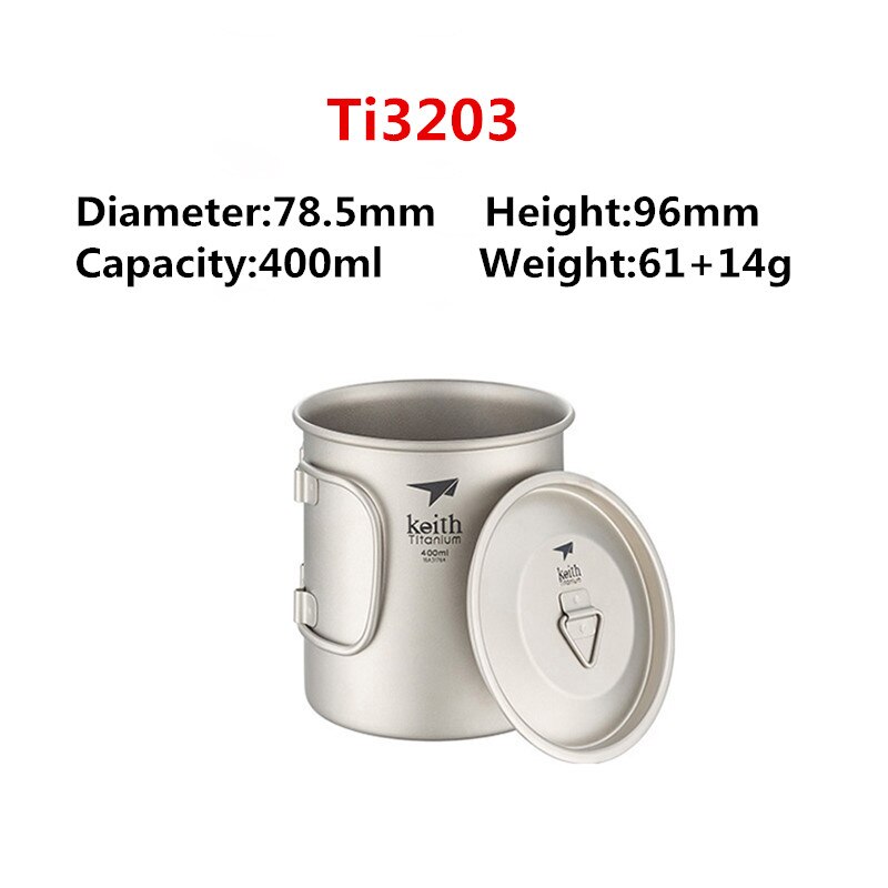 Keith titanium kopp titan vann krus sammenleggbart håndtak enkelt vegg kopp utendørs camping reise tur kopper med lokk 220ml-900ml: 400ml