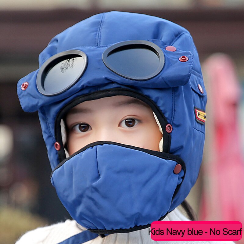 Warm Winter Wind Stopper Face Hats Outdoor Ski Masks Bike Cyling Beanies waterproof hood hat with glasses cool balaclava: Kids Navy blue