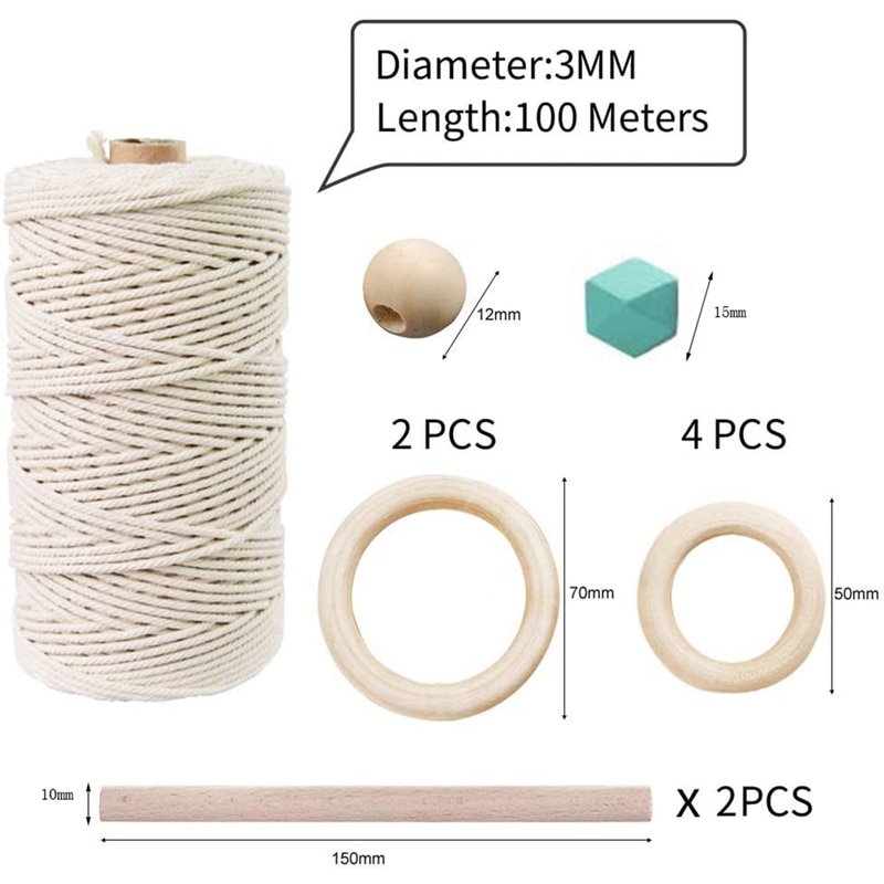 Macrame Cord Natural Cotton Rope 3mm with Wood Ring Wood Stick For DIY Macrame Kit Wall Hanging Plant Hanger