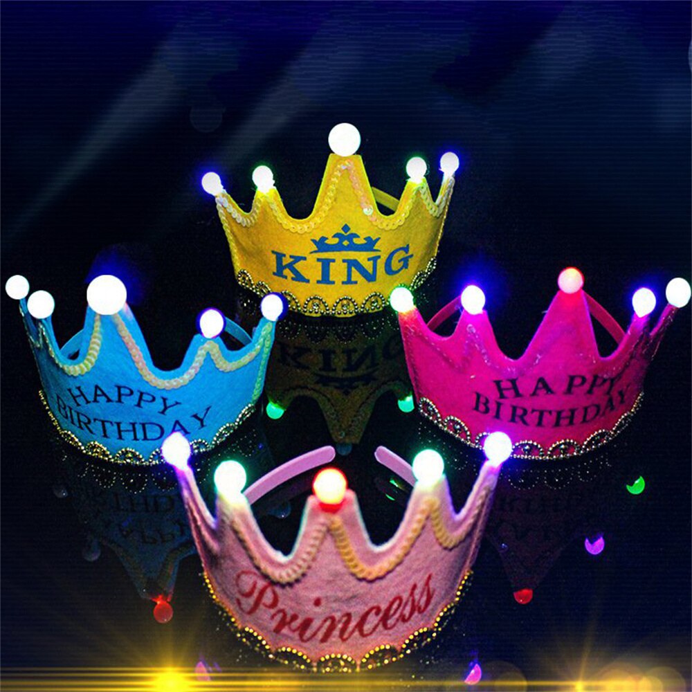 LED Light Happy Birthday Crown Hat for Kids Child Princess King Party Decor Supplies DIY Glowing Birthday Cap Headband