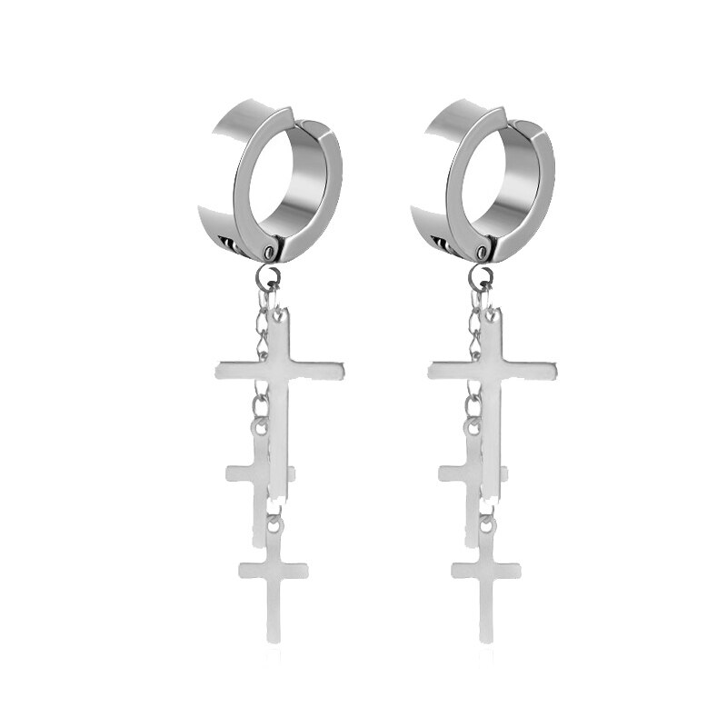 Punk Rock Titanium Steel No ear hole Earrings 3 Crosses Long Tassel Clip Earring Male Female Jewelry Black Silver Color: 1 pair silver