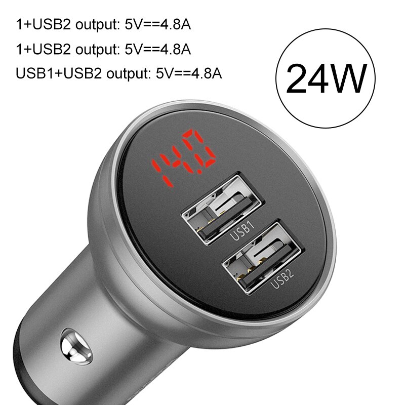 Baseus Metalen 45W Dual Usb Car Charger Voor Iphone 11 Samsung S9 Mobiele Telefoon Oplader Voor Xiaomi Auto Telefoon lader Led Display: 24W 2USB Silver