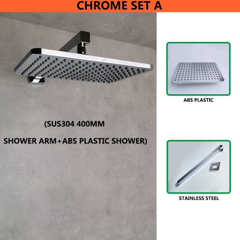 Shine Chrome Square Concealed In Wall Head Shower Set System with Ultra thin 8 inch 304 Stainless Steel or ABS Top Shower: ABS Wall Shower Set