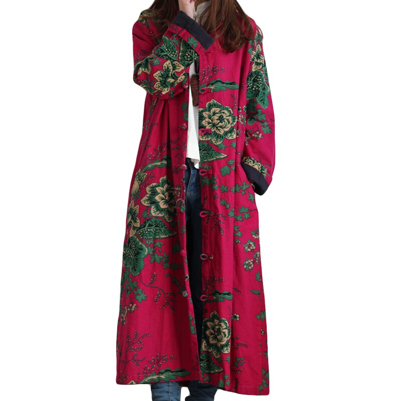 Vinter kvinder vintage broderi blomster trenchcoats kvindelige single breasted linned bomuldsfrakker
