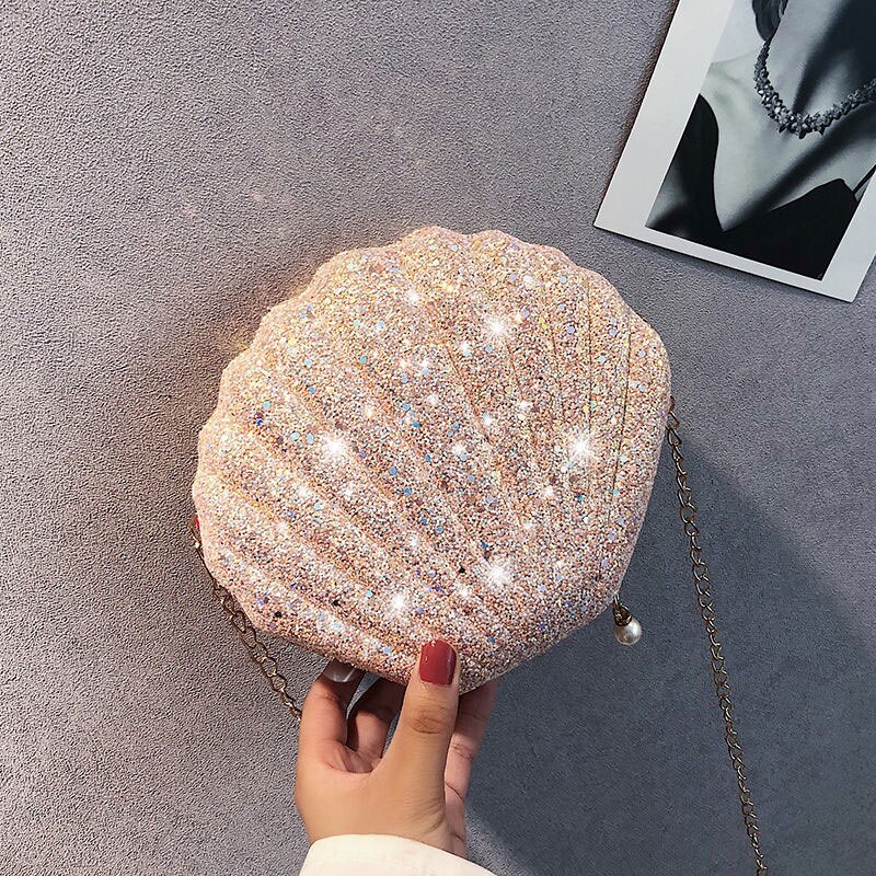 Sequin Shell Tas Vrouwen Crossbody Bag Keten Mini Schoudertas Cirkel Seashell Bling Handtas Meisjes Glitter Portemonnees En Handtassen: Pink B