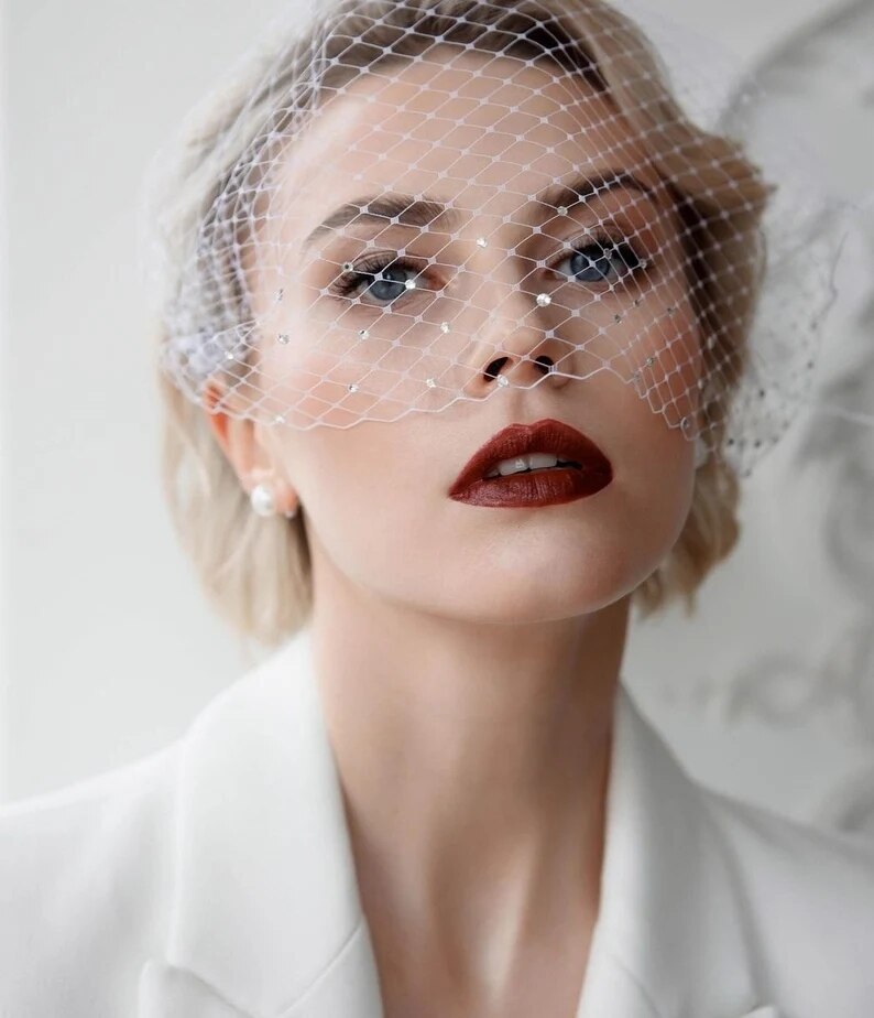 Veil for Face White Shiny Rhinestone Veil Hair Comb Charming Birdcage Veil Blusher Veil Wedding Hair Accessories Fascinators