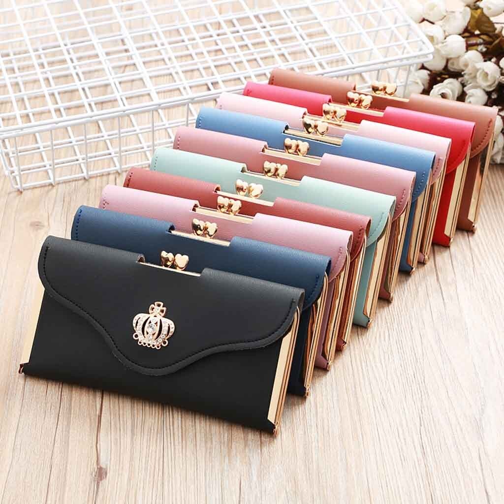 Clutch Bag Crown Diamond Mobile Phone Bag Ladies Long Evening Purse Vintage Women Leather Wallet Pocket Credit Card