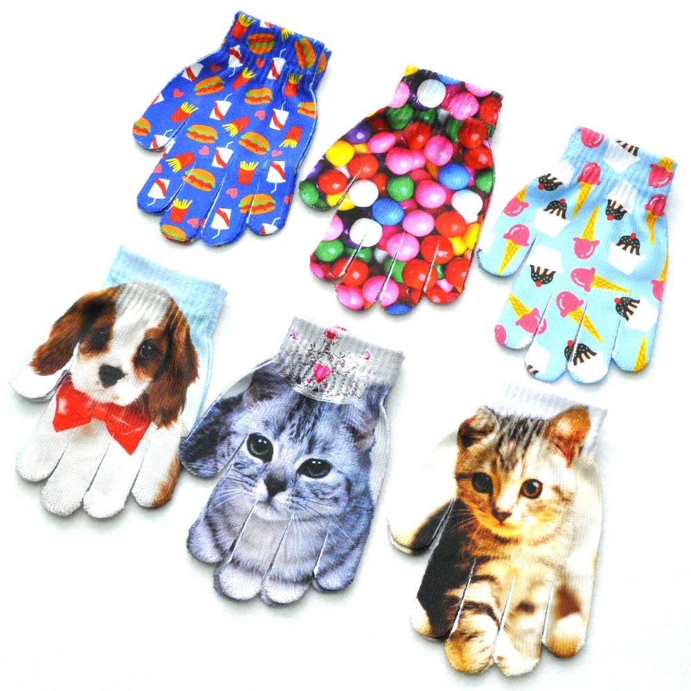 Guantes estampados en 3D para niños y niñas, con dedos, guantes cálidos de invierno, pintados con dibujos animados, 7 a 11 años