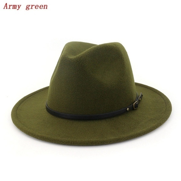 Mænd / kvinder vintage bredkant hat hat kirke fest damer følte jazz cap cowboy fest hat: Militærgrøn