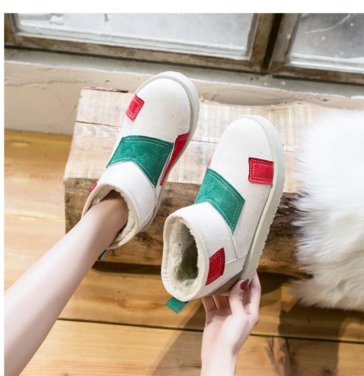 Snowboots Vrouw Winter Dikker Fluwelen Vrouwen Katoenen Schoenen Platte Instappers Antislip Enkel laarzen Patchwork Zwart Beige: Green / 38