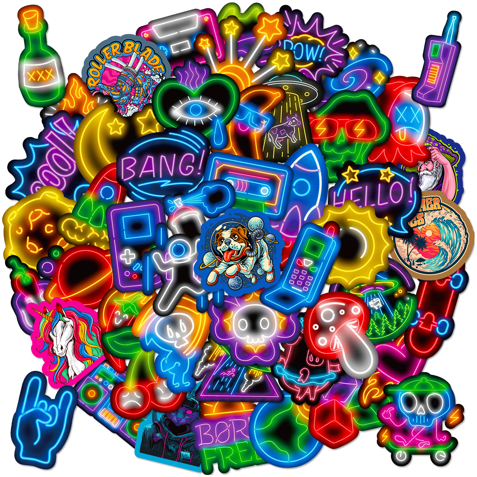 10/25/50pcs Mixed Neon Light Cartoon Stickers for Phone Laptop Guitar Helmet Travel Luggage Skateboard Car DIY