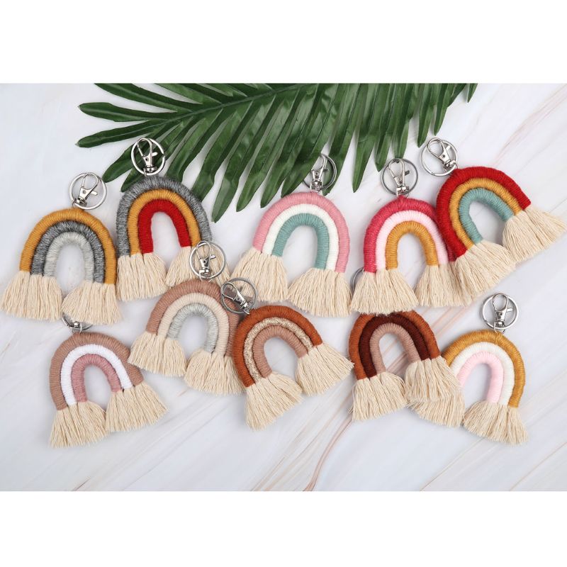 Weven Regenboog Sleutelhangers Voor Vrouwen Boho Handgemaakte Sleutelhouder Sleutelhanger Macrame Bag Charm Auto Opknoping Sieraden