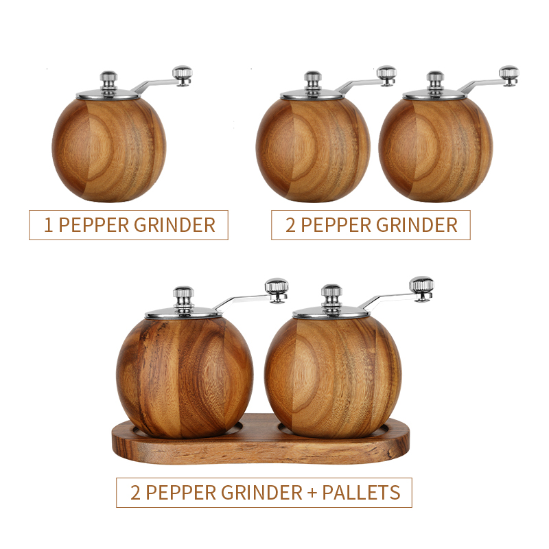 Style Advanced Round Ball Wooden Grinder Hand Crank Grinding with Base Set Manual Pepper Grinder Kitchen Supplies Tools