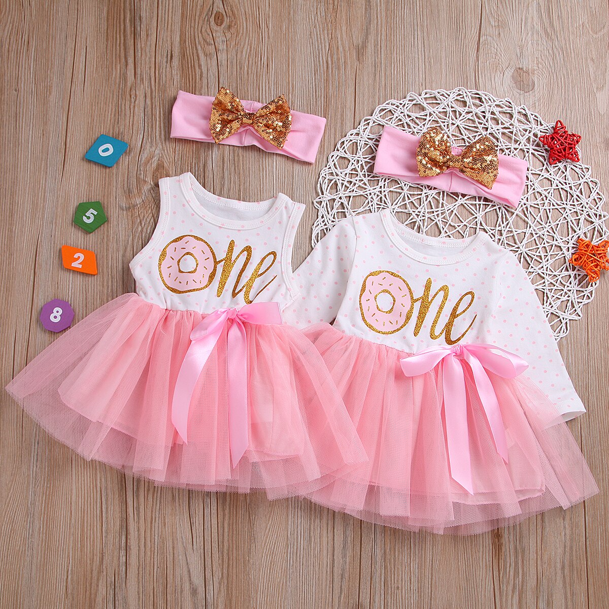 Een Baby Meisjes Donut Verjaardag Jurk Rompertjes Tutu Jurken Hoofdband Outfit Kleding Set 0-3T Mouwloze en Lange mouw