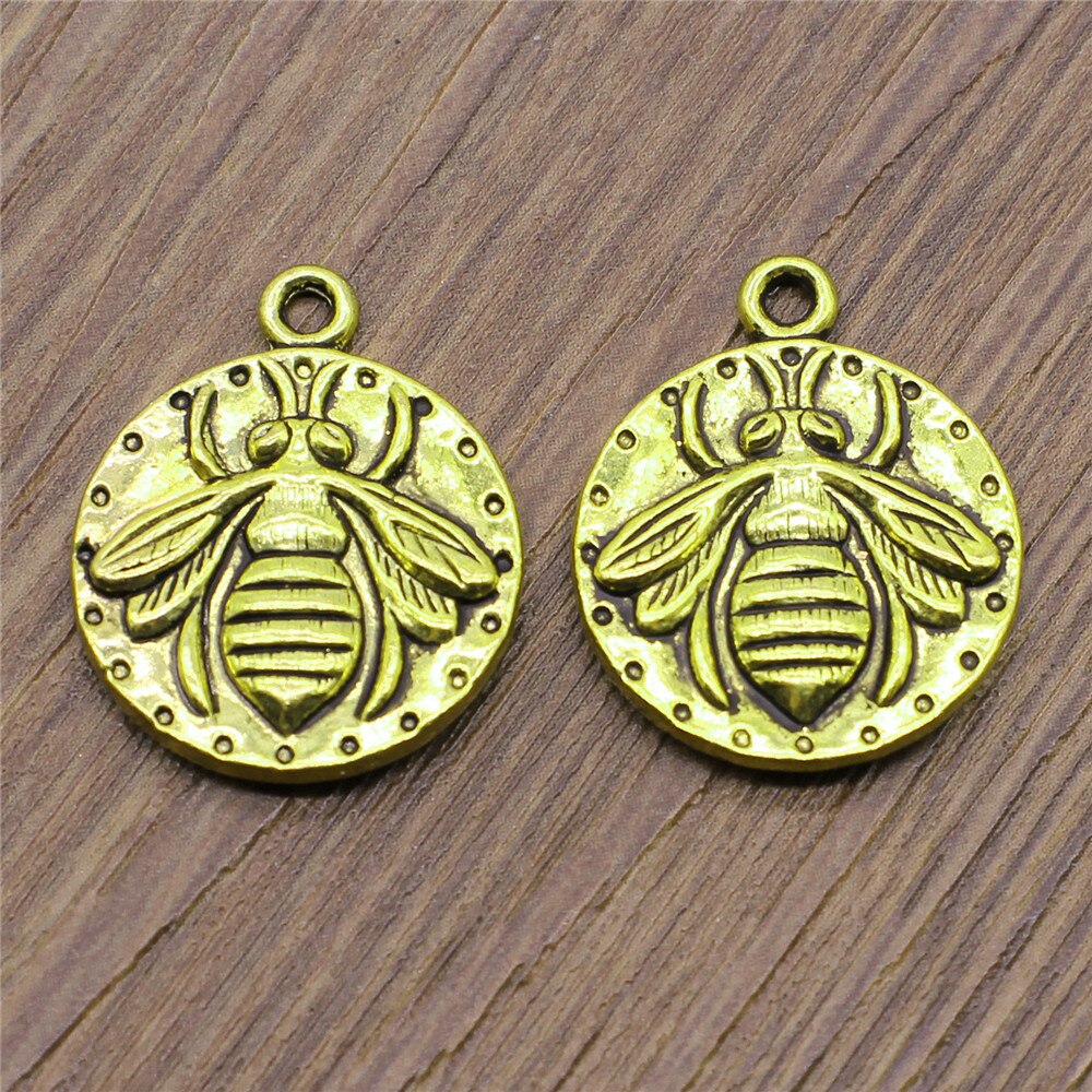 WYSIWYG 5 pcs 24x20mm Ronde Bee Charm Hangers Antiek Goud Antiek Zilver Plated Queen Bee Charm Dubbele zijdig Bee Hangers