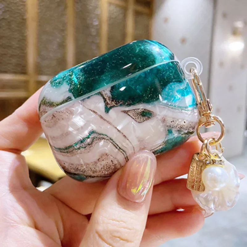Para Apple AirPods 4 2 3 Pro funda de lujo verde Esmeralda mármol brillante funda para auriculares para AirPods 4 funda lindo corazón perla llavero: 2XS / Caqui