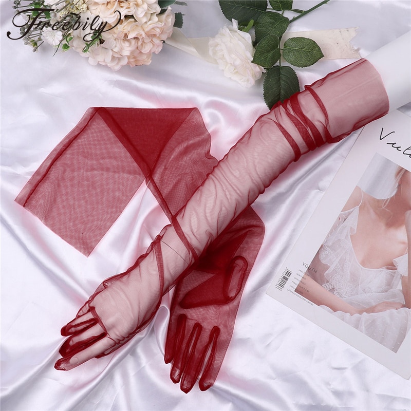 Luvas de tule transparente ultra-finas, luvas ultra longas cotovelo, acessório para tirar foto, dia das bruxas, moda feminina