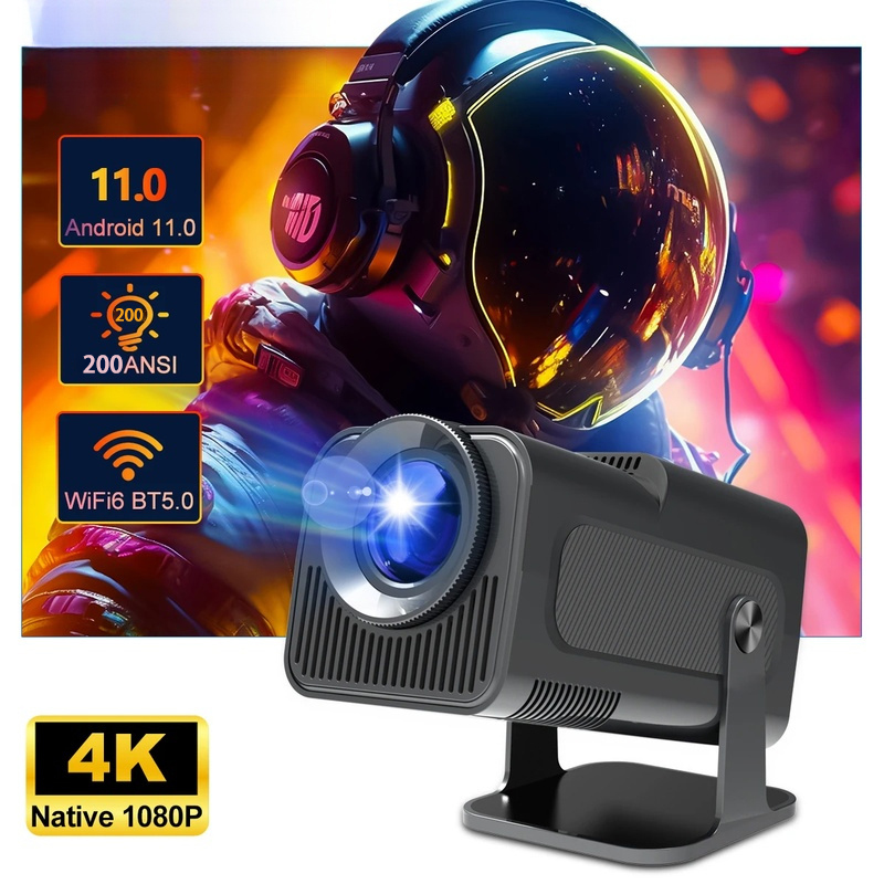 Projector Hy320Mini 4K Android 11 Dual Wifi6 200ANSI Allwinner H713 1280*720P Home Cinema Outdoor Projector，Upgrated HY300: UK Plug
