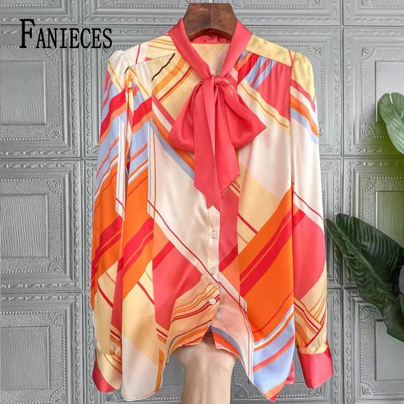 Fanieces elegante Fliege Satin- Frauen Hemden Luxus bunten Druck Frühling Herbst Langarm Blusen Spitzen Büro Damen Blusas