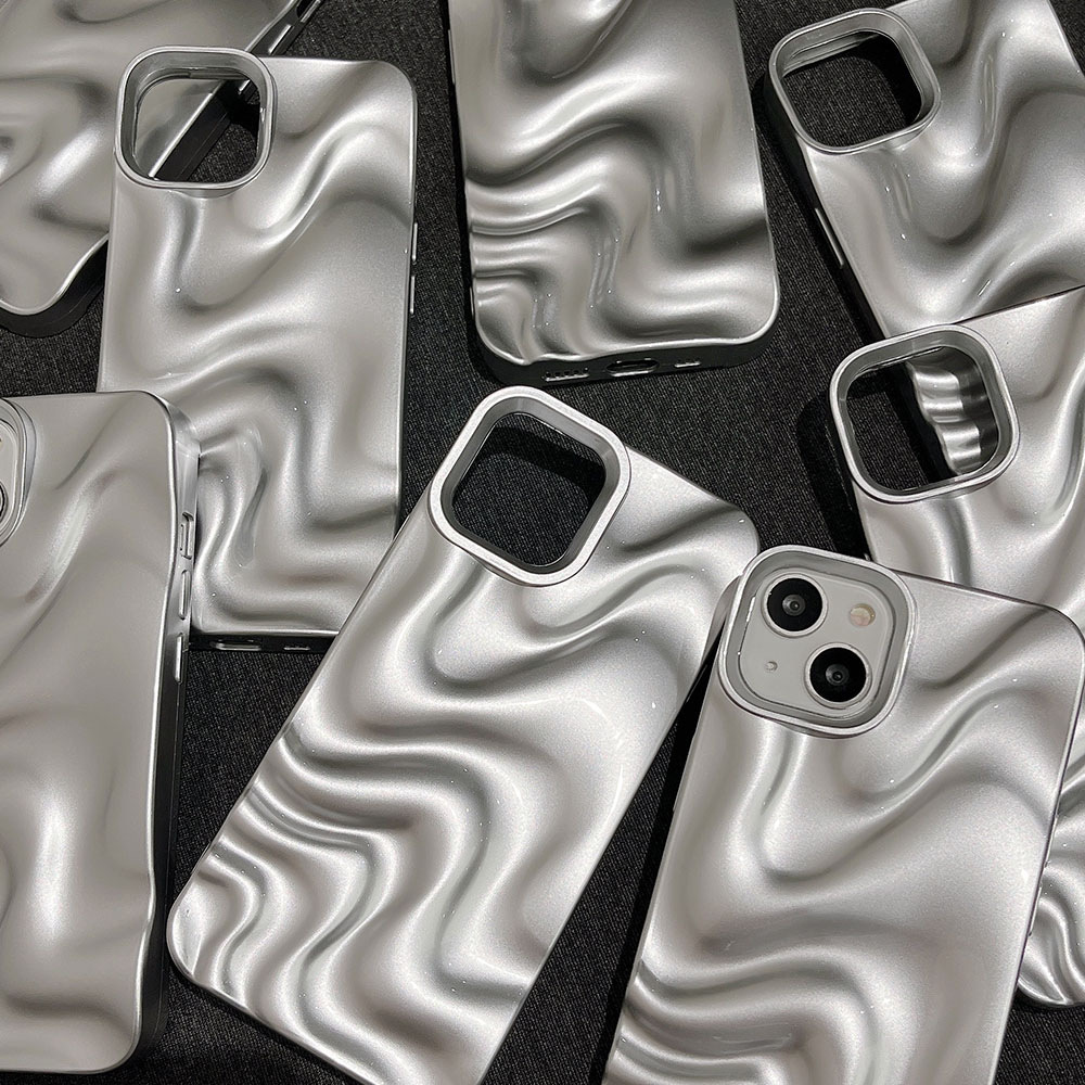 Funda de teléfono plateada mate con ondas de agua para iPhone 16, 15, 14, 13, 12, 11 Pro Max 16 Pro, funda protectora suave antiarrugas a prueba de golpes