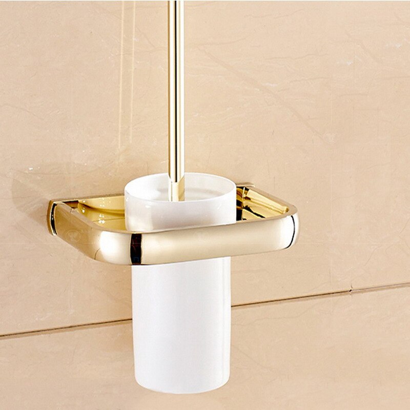 Luxe Goud Kleur Messing Vierkante Badkamer Accessoires Handdoek Plank Houder Toiletrolhouder Wall Mounted Bad Hardware Sets: Toilet Brush Holder