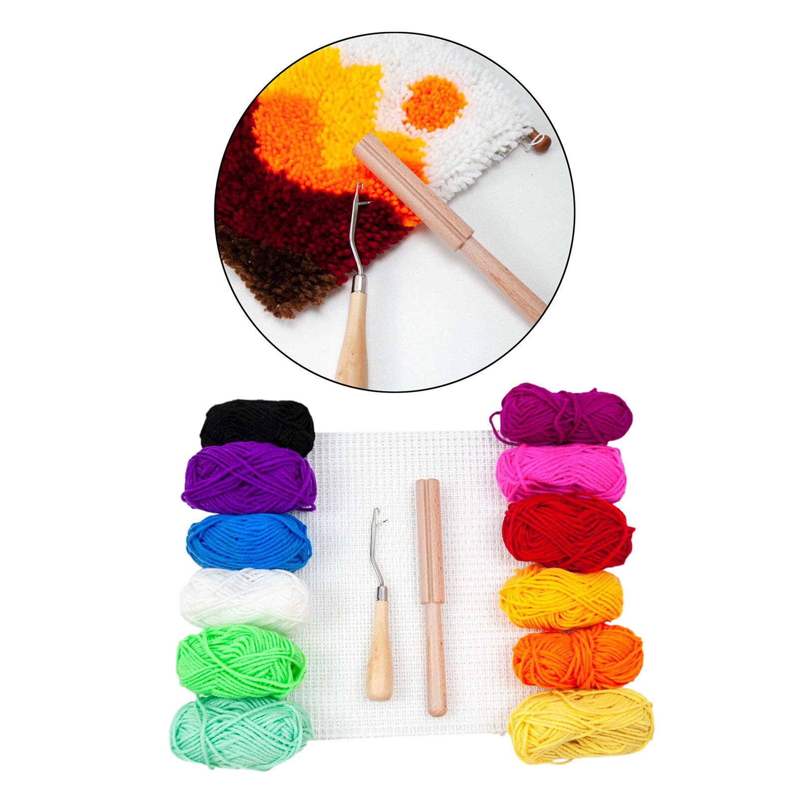 1 Set Latch Hook Rug Yarn Kits with Wooden Yarn Cutter Tool, Mesh Canvas, Latch Hook Crochet for Tapestry Carpet Rug Making DIY
