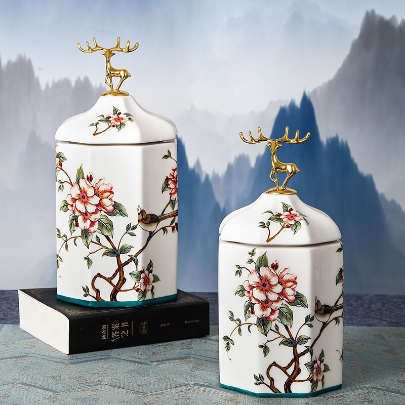 Kleur Bloem Gouden Vogel Herten Snoeppot Keramische Opslag Fles Huishouden Moer Thee Tin Vochtbestendige Opbergdoos Porselein ambachten