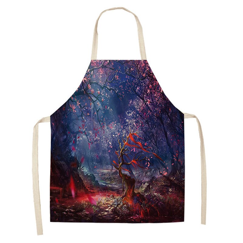 Delantal de cocina de bosque para hombre y mujer, delantales de lino y algodón sin mangas con estampado de árbol de fantasía, Herramientas de limpieza para el hogar: 6 / 66x47cm