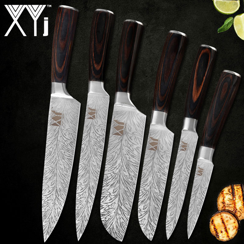 XYj Stainless Steel Kitchen Knives Set 8'' INCH Knife Storage Box Holder Damascus Pattern Veins Blade Full Tang Blade Accessory: 6PCS SET