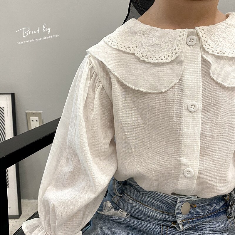 Camisa blanca pura de para chicas otoño contrajo la nueva camisa suelta de manga de encaje camiseta para niños